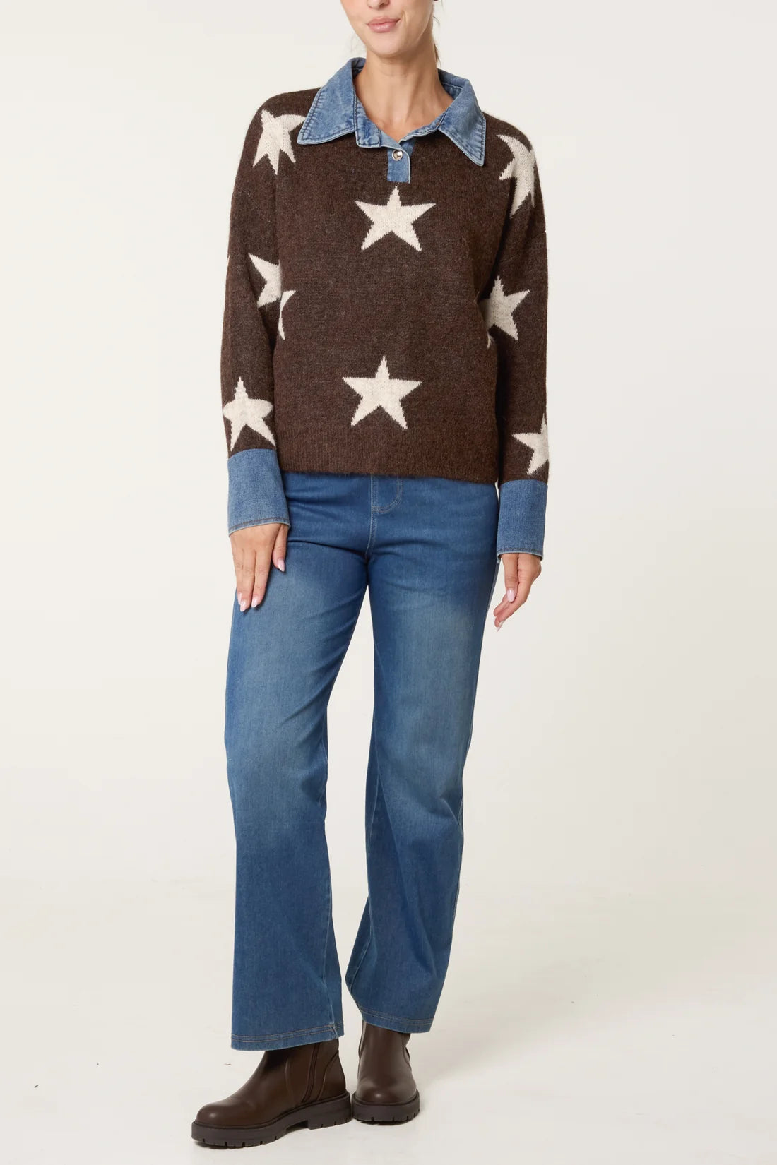 Star Print Knit Jumper with Denim Collar