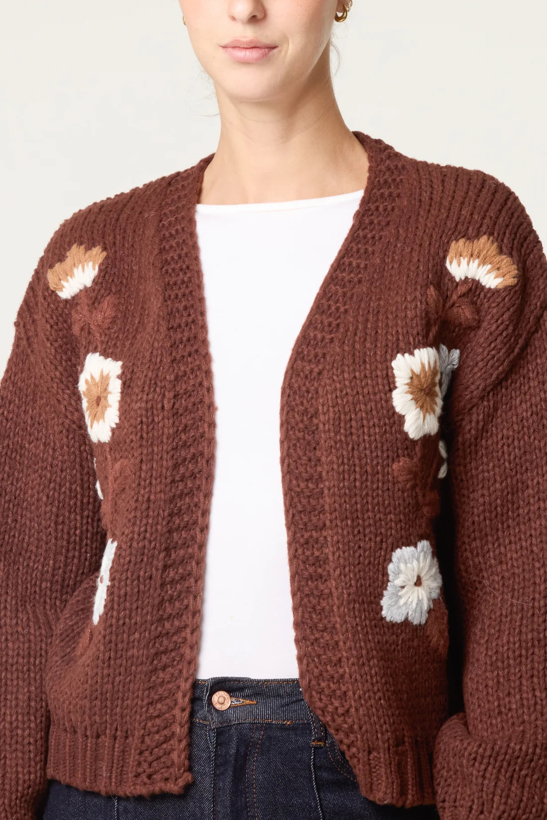 Embroidered Floral Knit Cardigan Chocolate