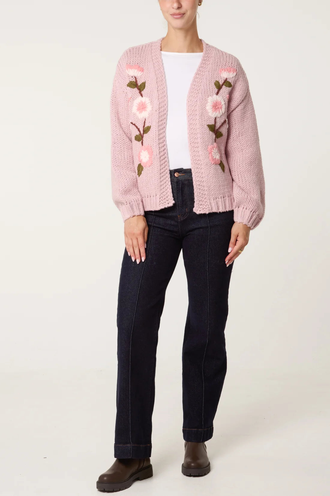Embroidered Floral Knit Cardigan Pink
