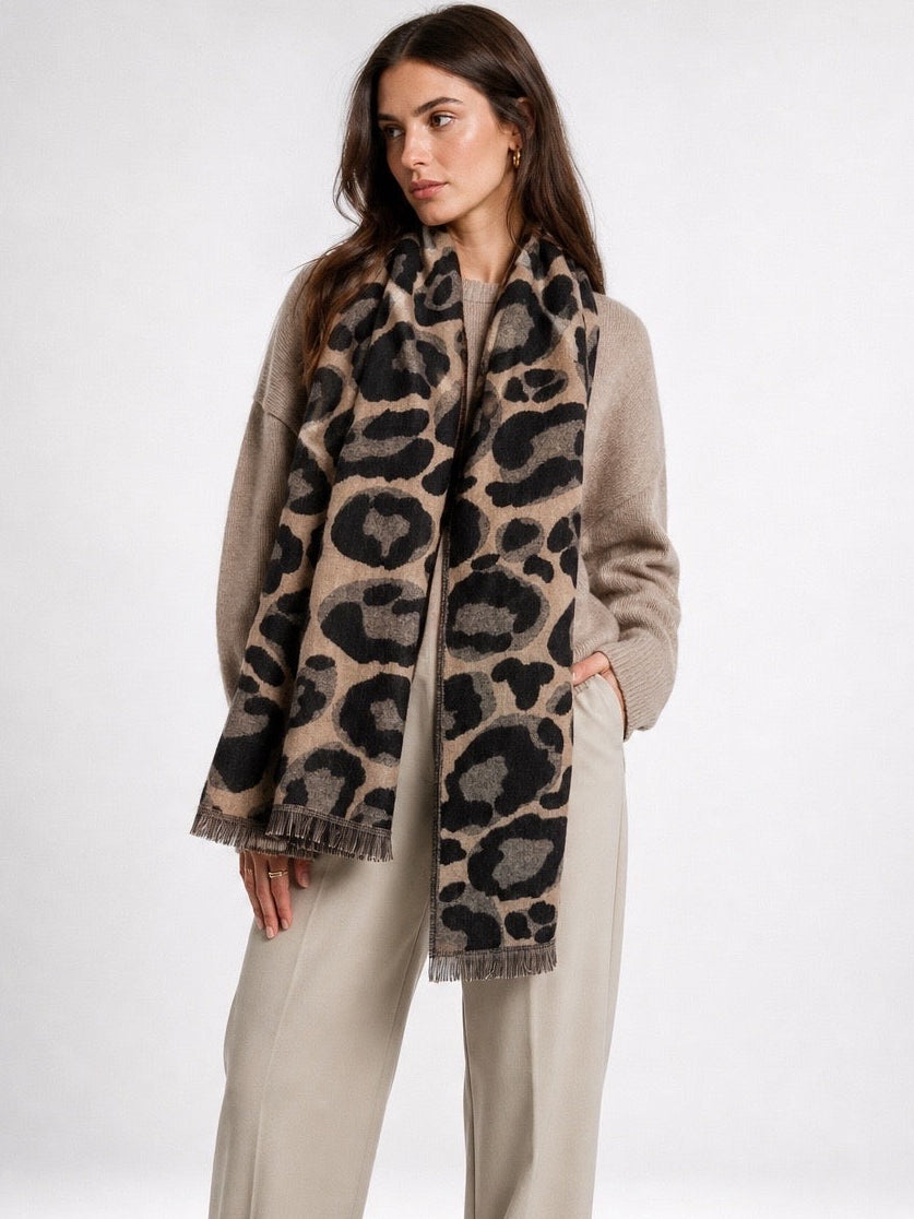 Leopard Print Fringed Scarf