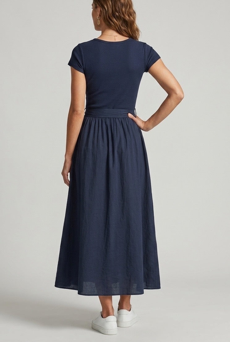 Ribbed Top & Woven Cotton Midi Dress