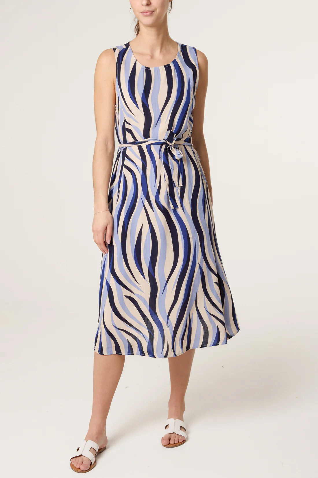 Abstract Print Tie-Waist Midi Dress