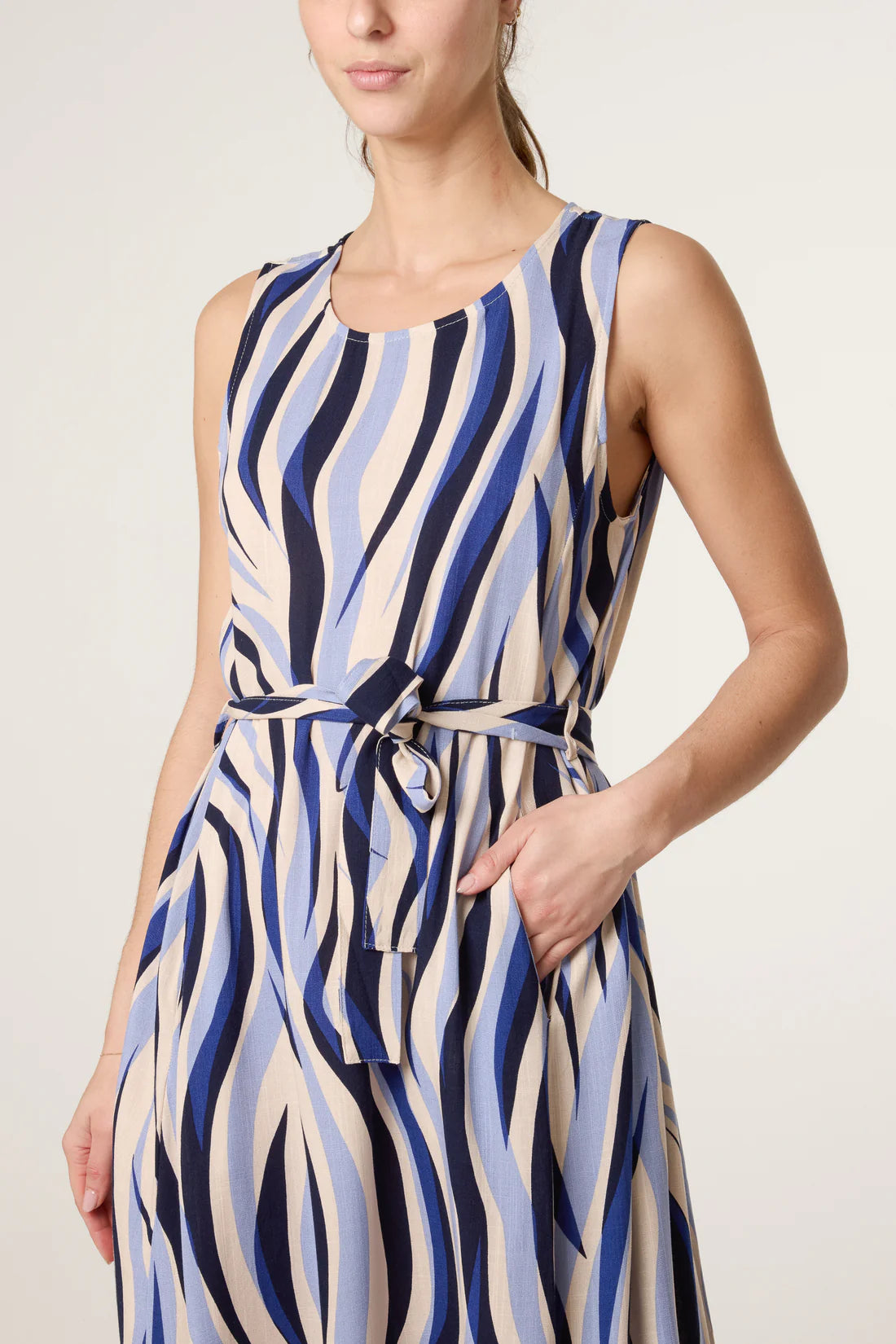 Abstract Print Tie-Waist Midi Dress