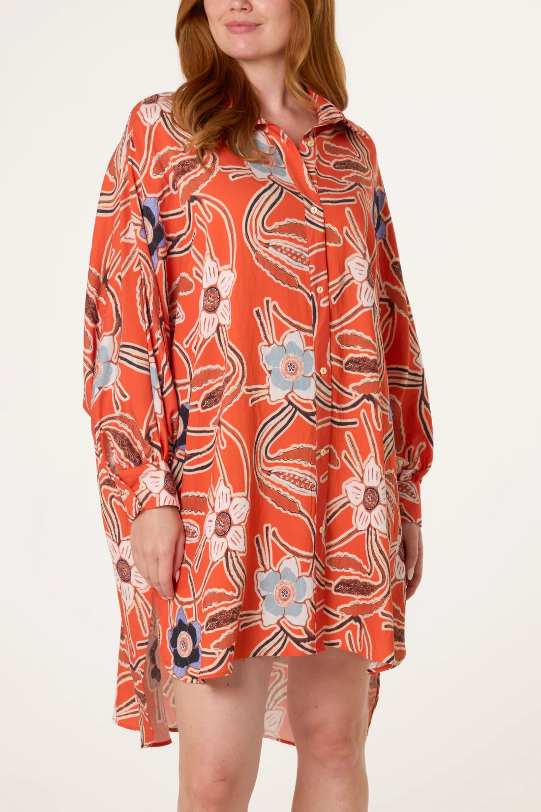 Abstract Floral Print Shirt Dress