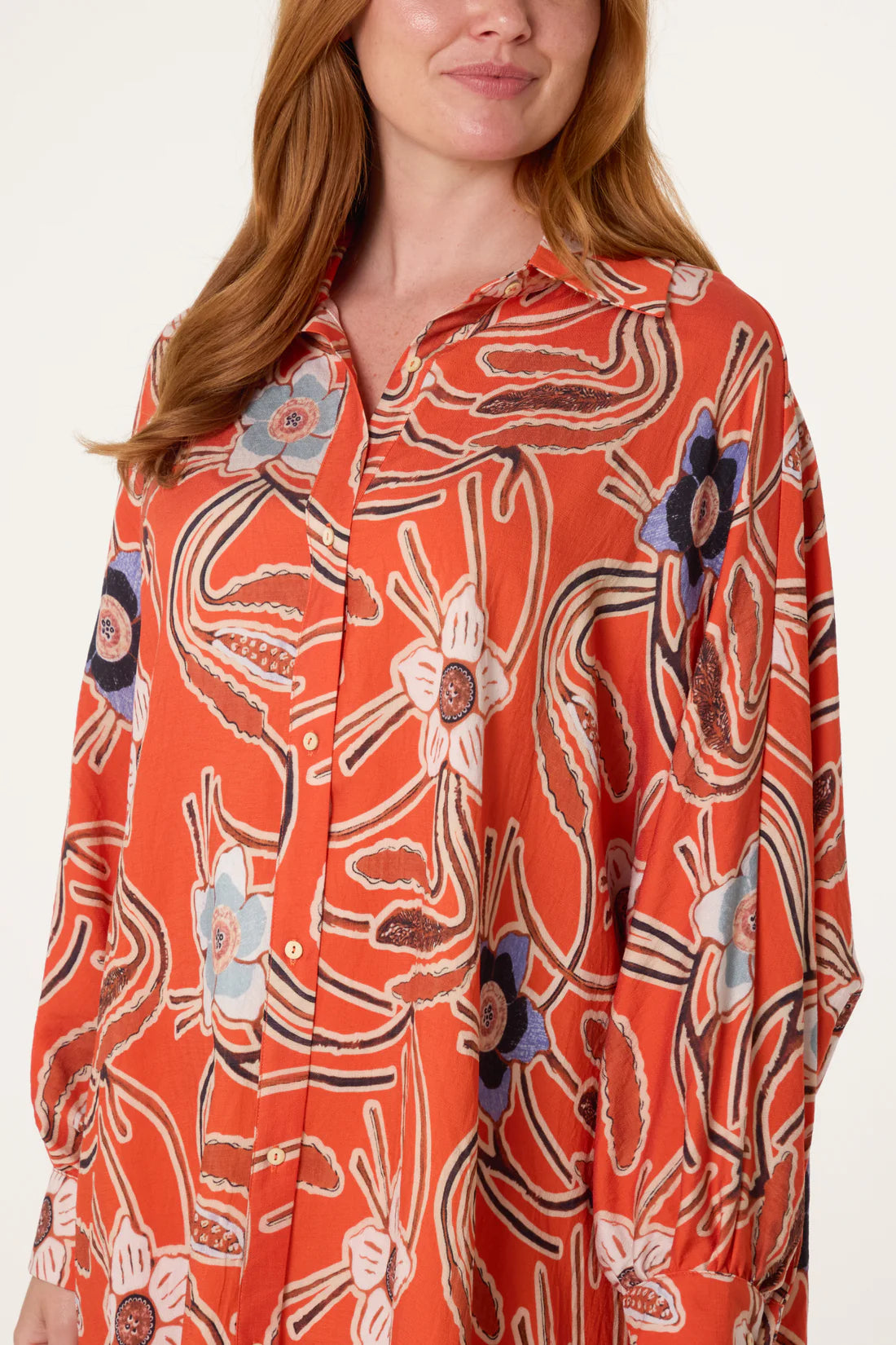 Abstract Floral Print Shirt Dress