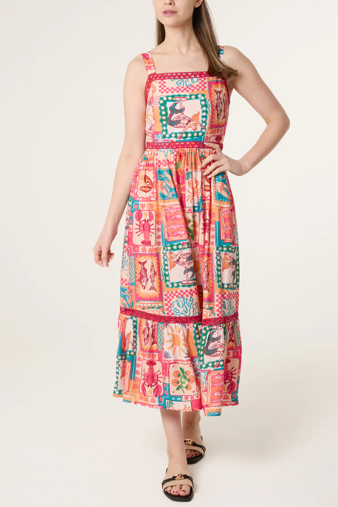 Whimsical Patchwork Print Tiered Midi Sundress