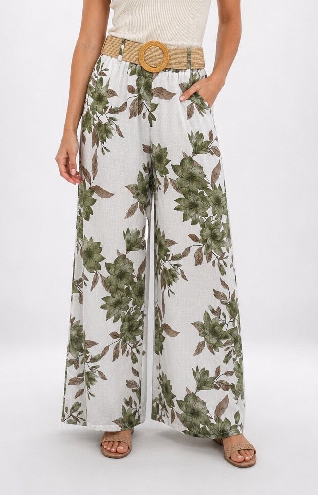 Floral Print Wide-Leg Trousers with Woven Belt