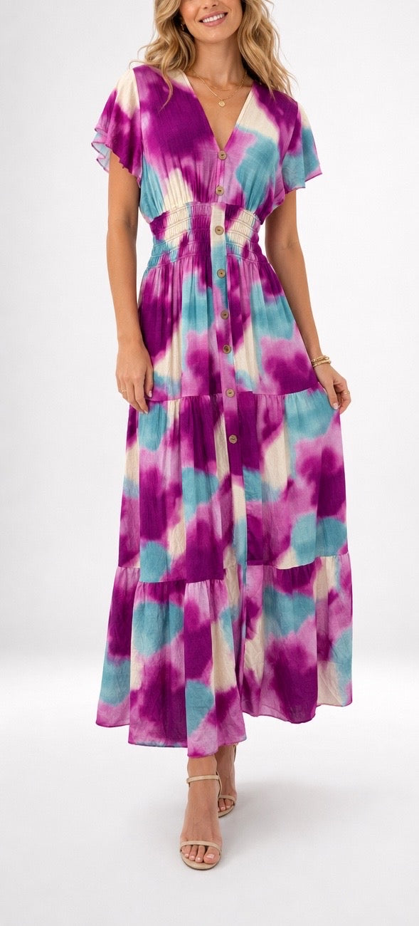 Bohemian Tie-Dye Tiered Maxi Dress