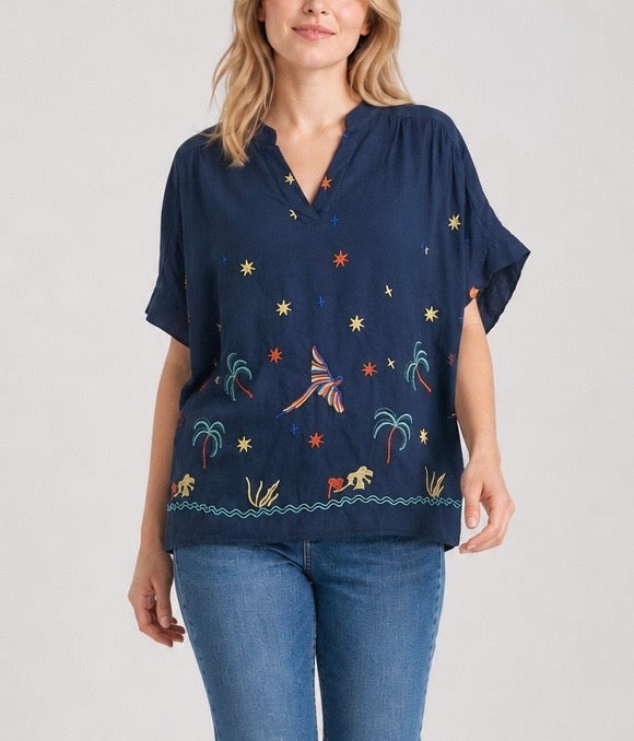 Embroidered Tropical Top