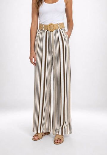 Striped Wide Leg Trousers with Woven Belt