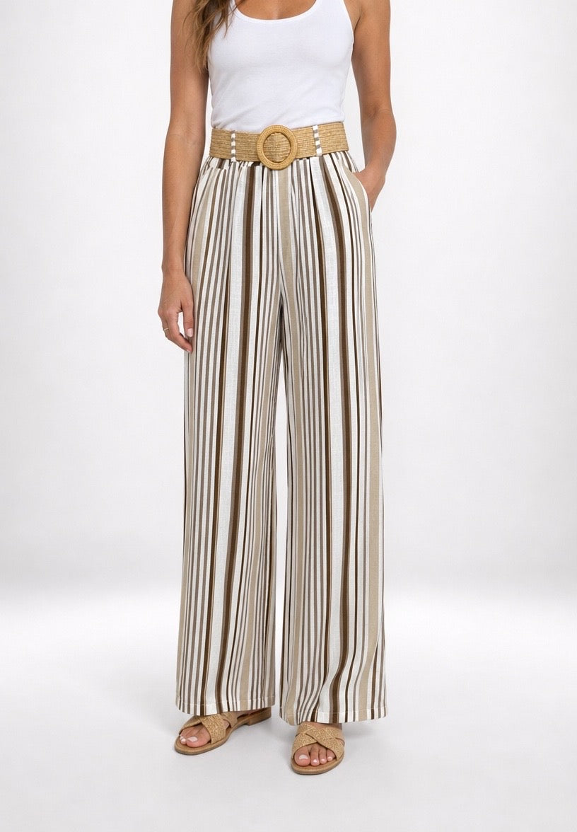 Striped Wide Leg Trousers with Woven Belt