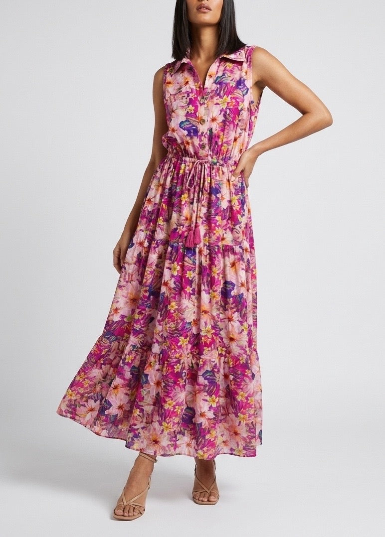 Floral Print Collared Maxi Dress