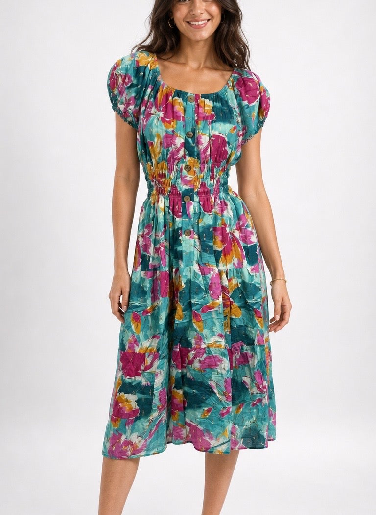Bold Flower Shirred Midi Dress