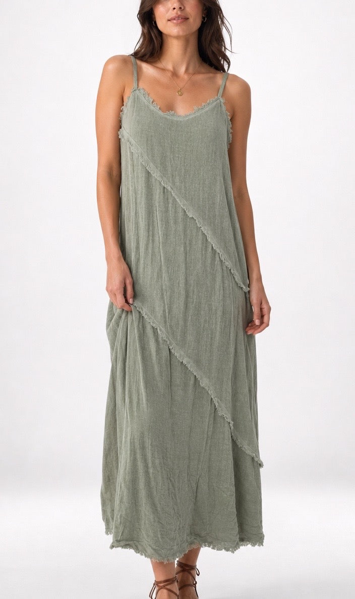 Linen Blend Frayed Stripe Maxi Dress