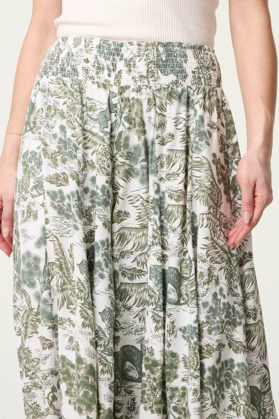 Shirred Waist Wide Leg Print Trousers