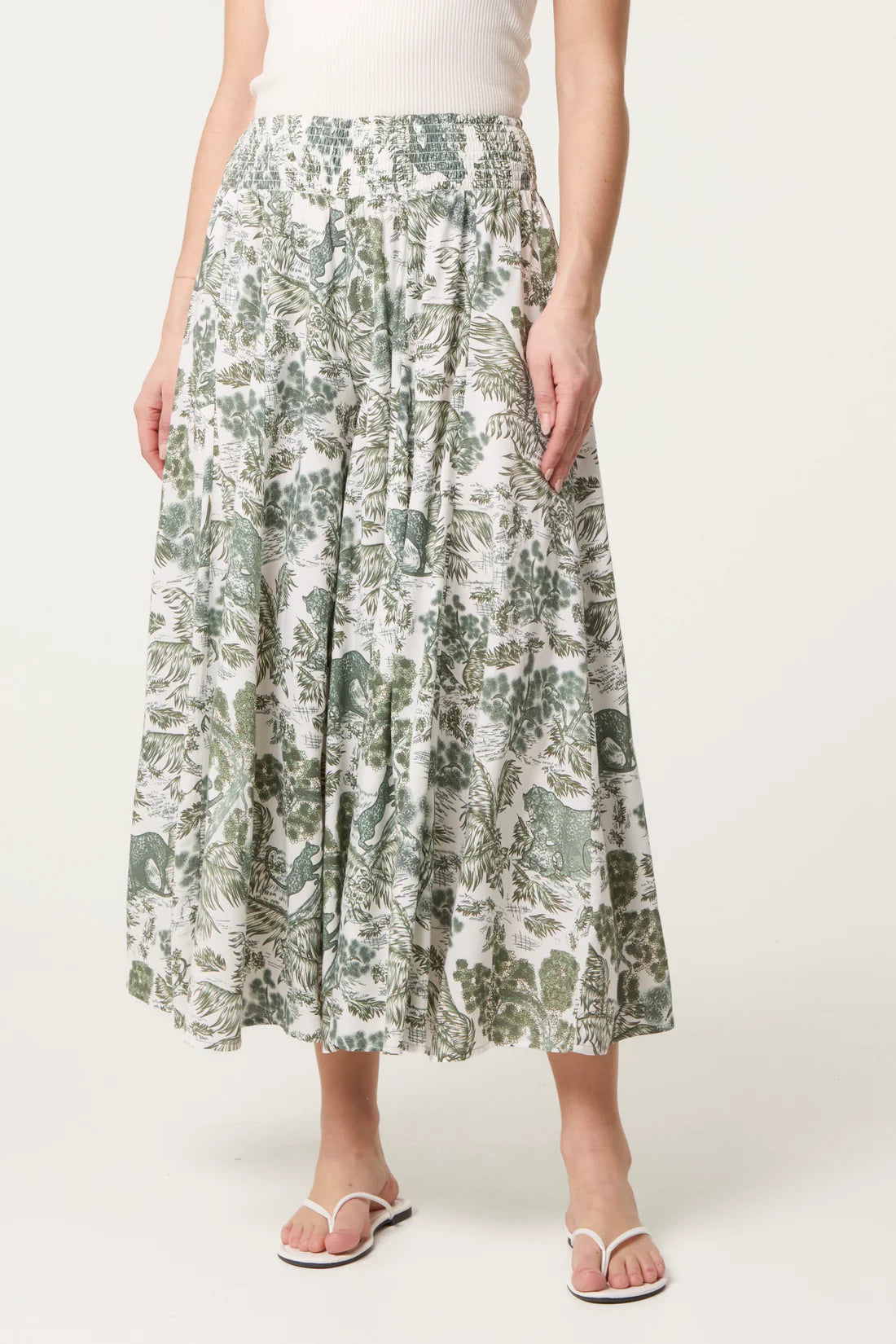 Shirred Waist Wide Leg Print Trousers
