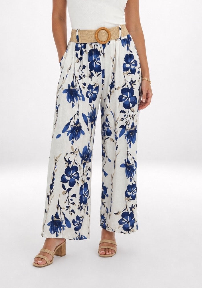 Floral Wide Leg Trousers with Woven Belt