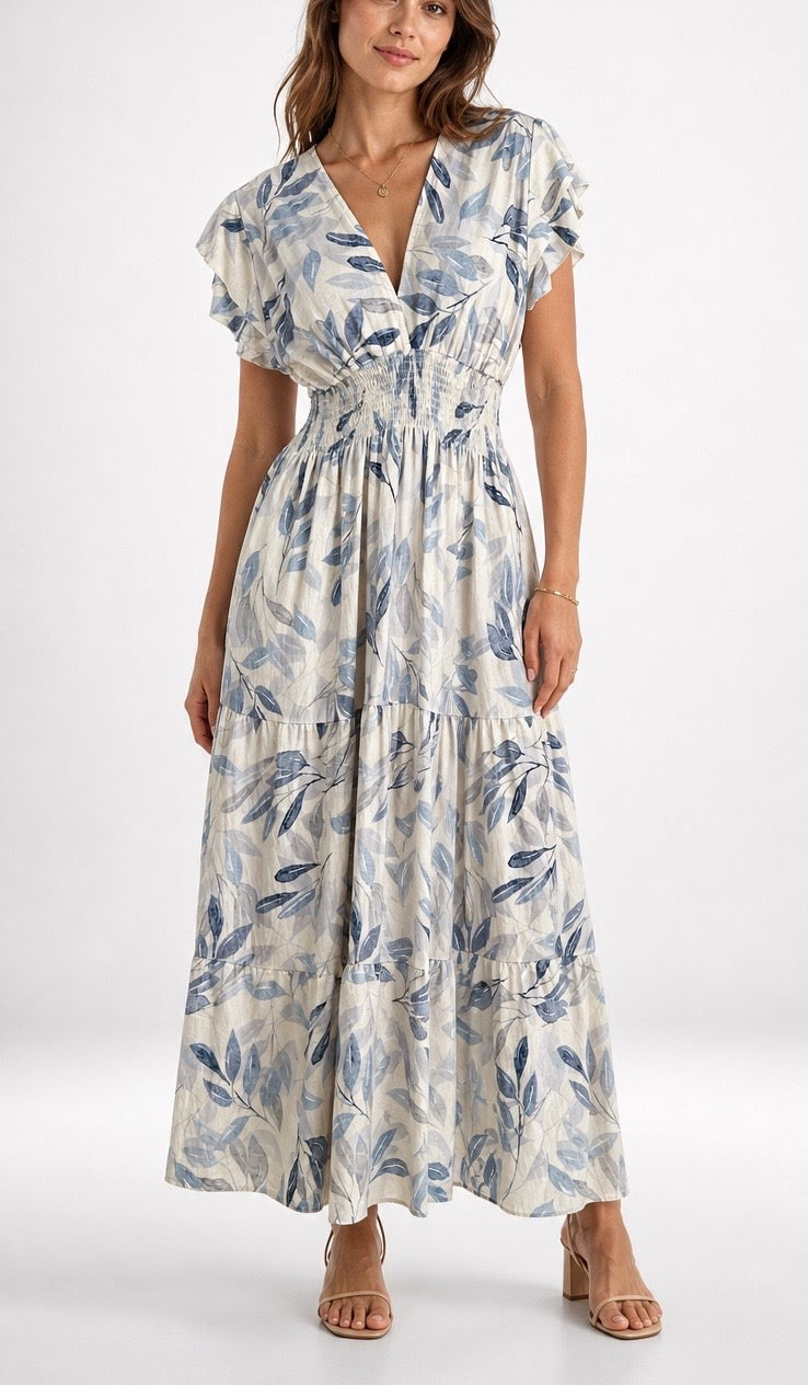 Leaf Cross Over Tiered Maxi Dress