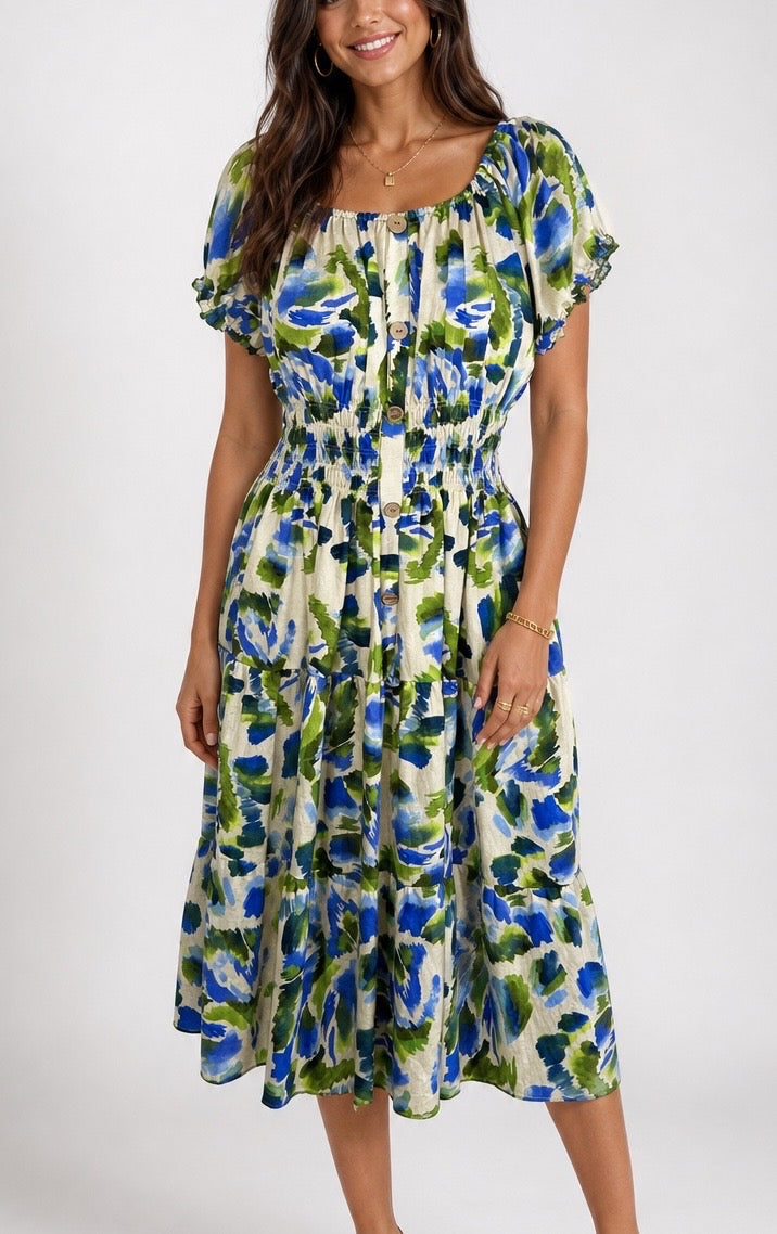 Abstract Colour Shirred Waist Tiered Dress