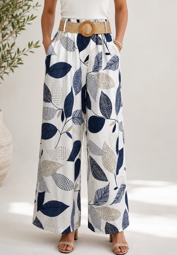 Leaf Print Wide-Leg Trousers