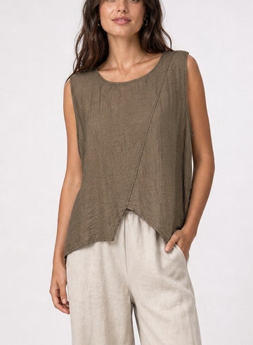 Linen Blend Asymmetric Crossover Sleeveless Top