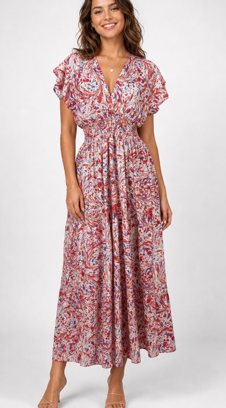 Flutter Sleeve Cinched Waist Maxi Dress