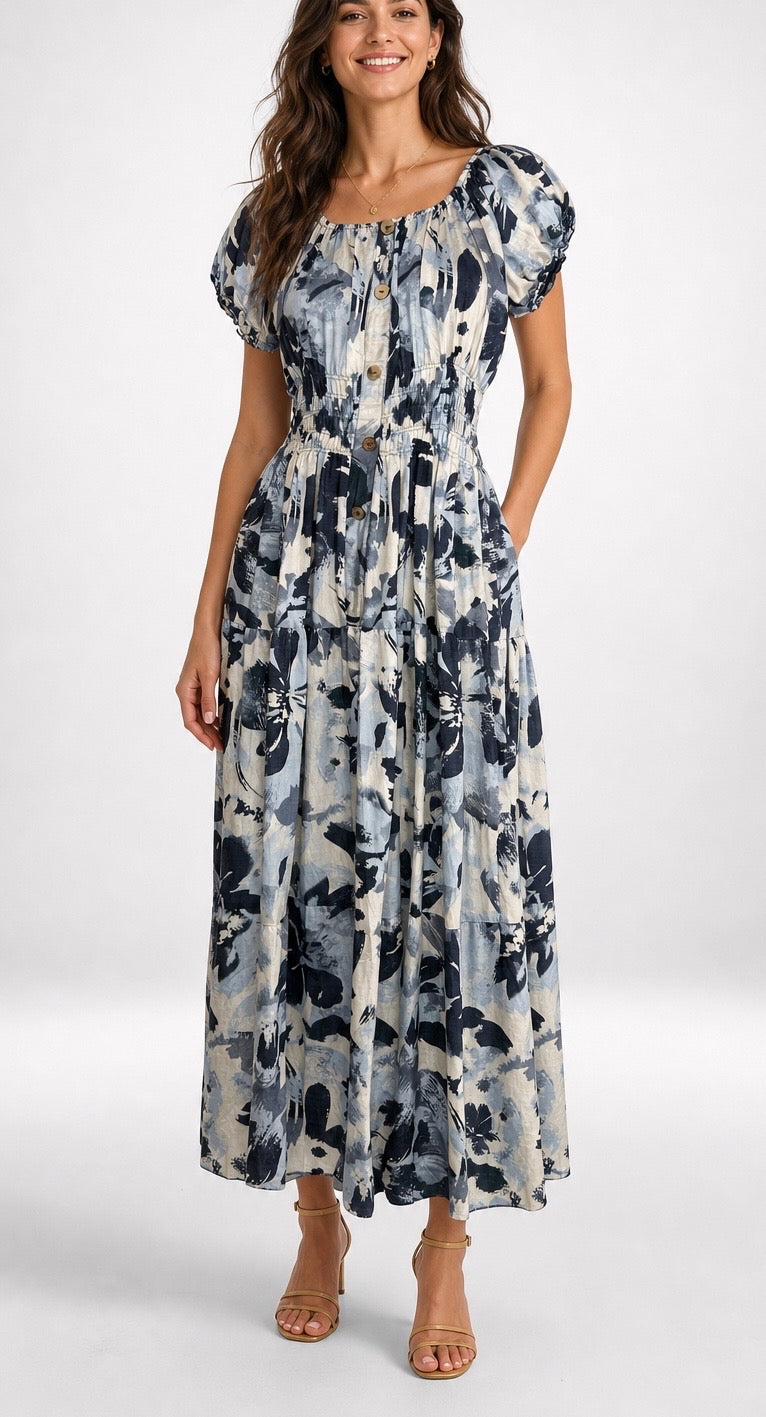 Abstract Floral Print Puff Sleeve Maxi Dress