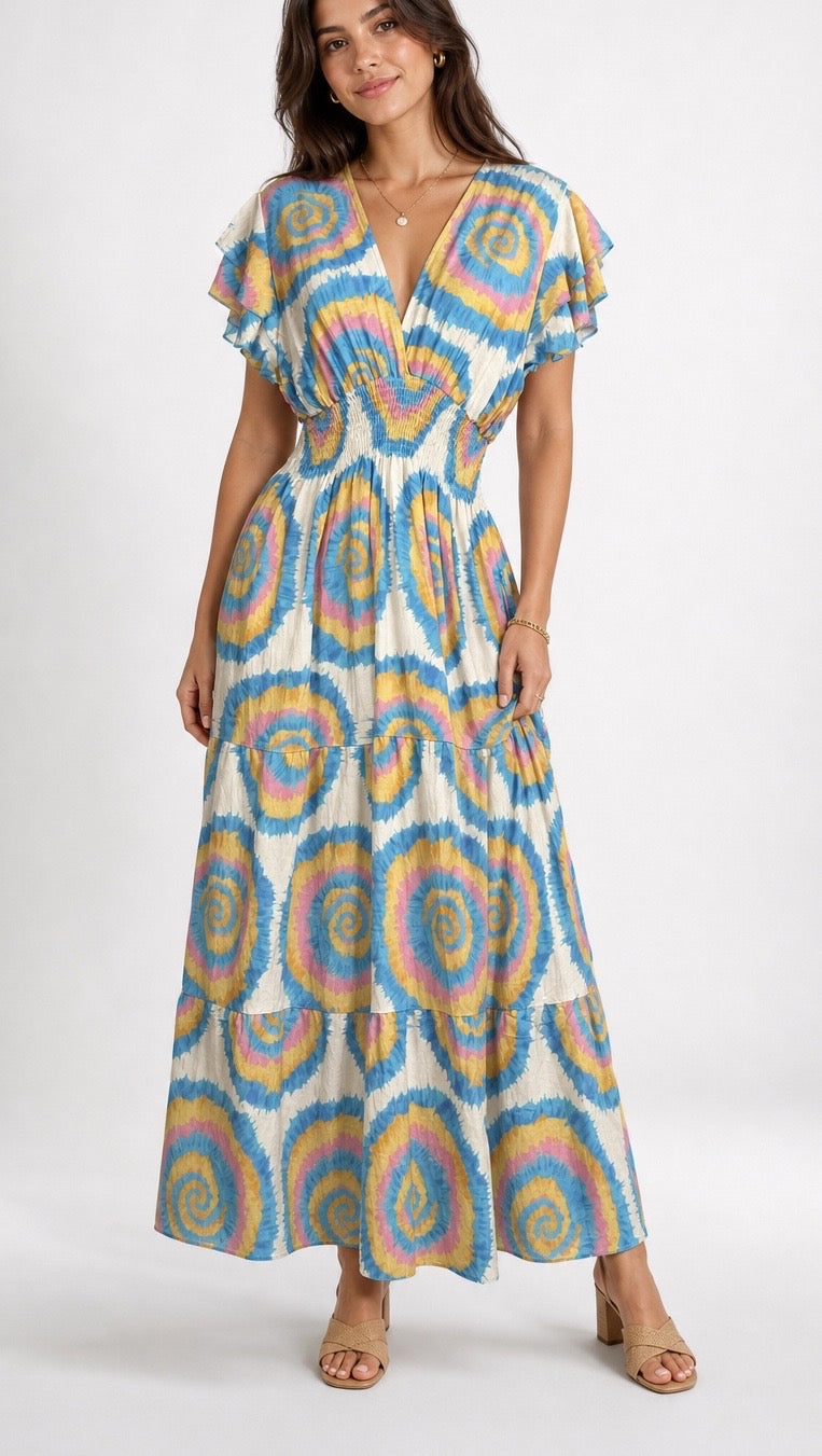 Colour Swirl Empire Waist Maxi Dress