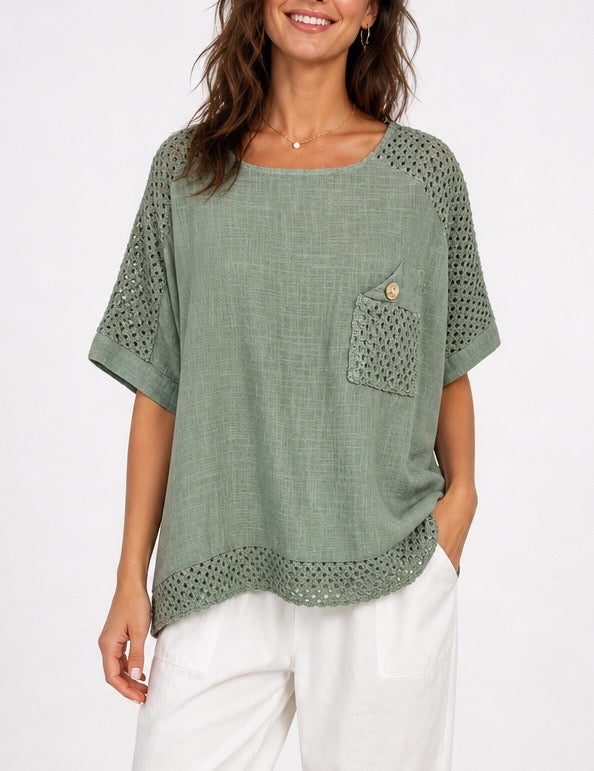 Textured Button Pocket Top with Crochet Accents