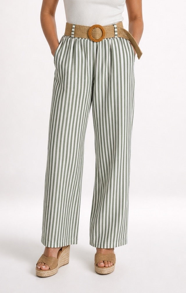 Striped Belted Wide-Leg Trousers