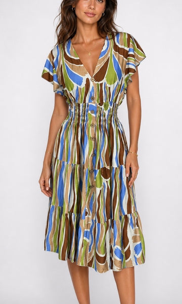 Wave Stripe Midi Dress with Flutter Sleeves