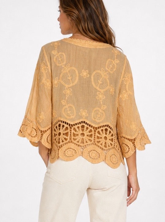 Apple Embroidered Blouse with Crochet Trim