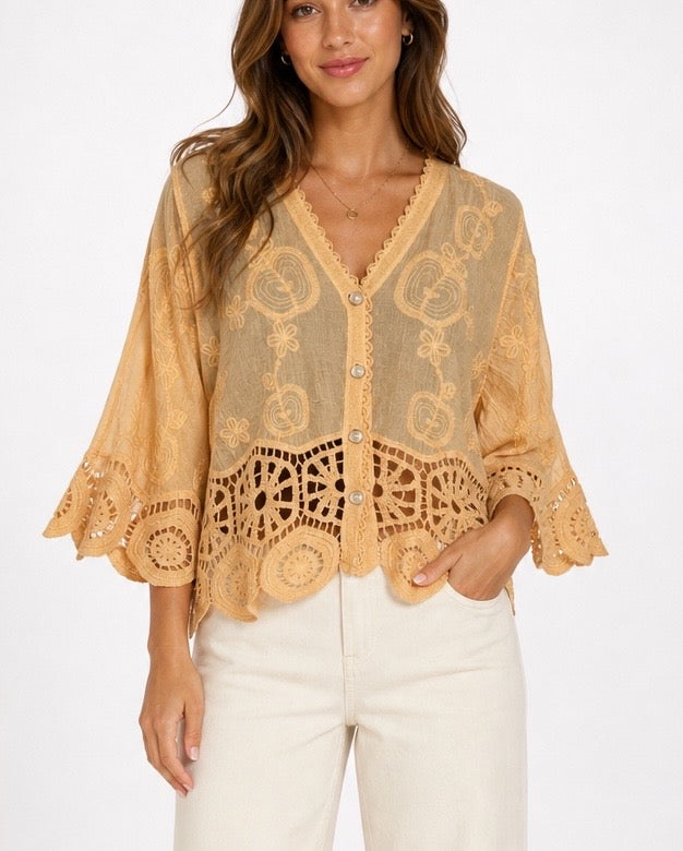 Apple Embroidered Blouse with Crochet Trim