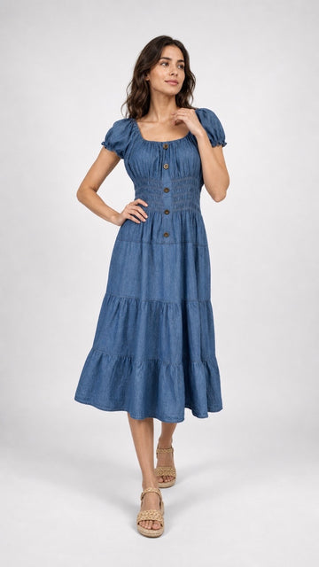 Tiered Denim Midi Dress with Shirred Bodice