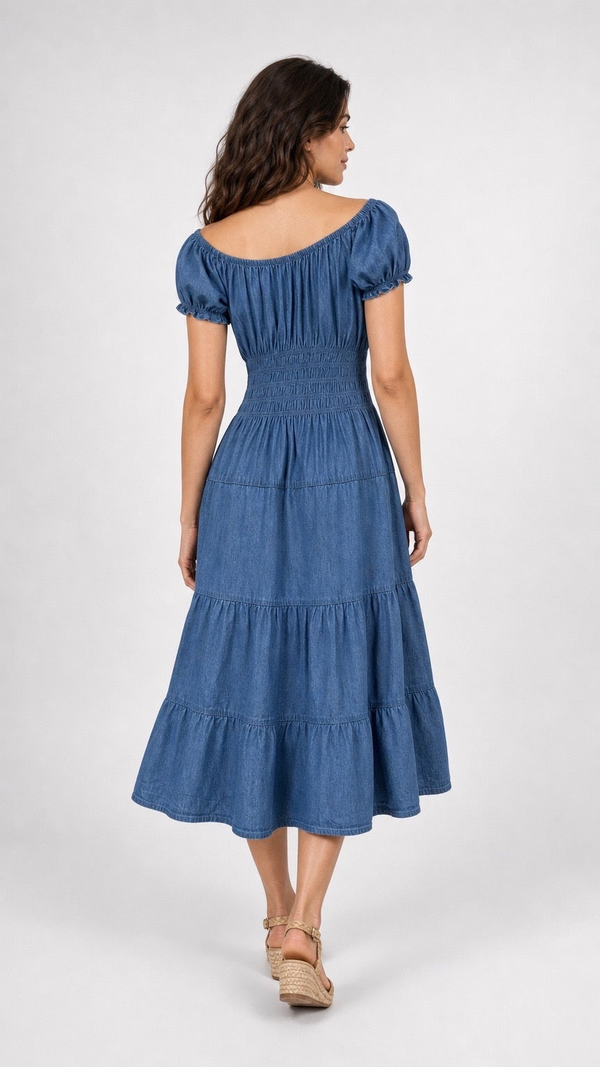 Tiered Denim Midi Dress with Shirred Bodice