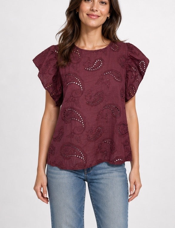 Embroidered Button Back Flutter Sleeve Blouse