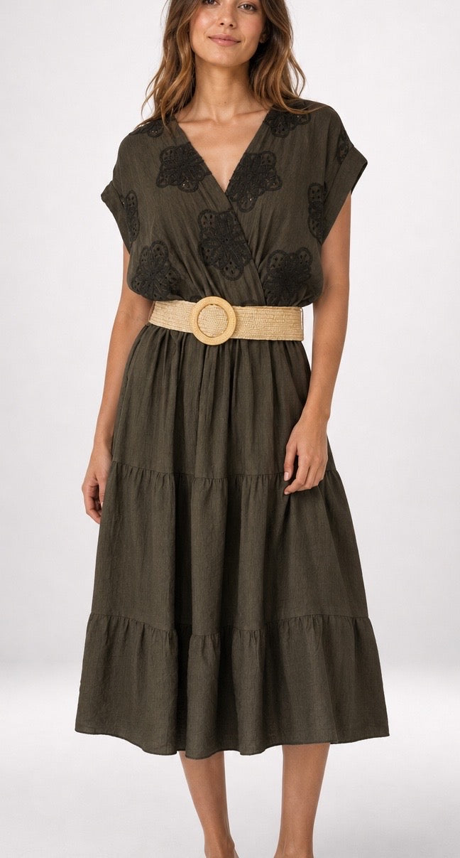 Embroidered Wrap Belted Midi Dress