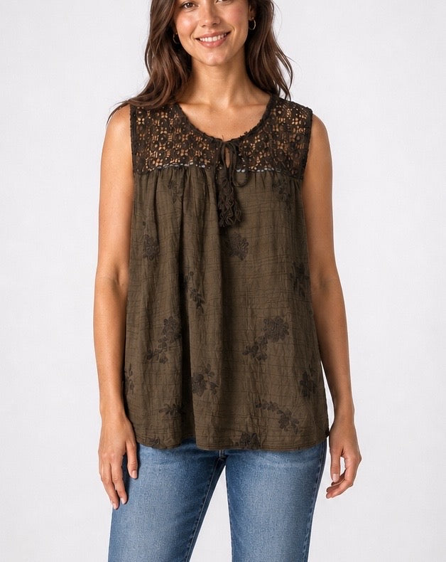 Embroidered Crochet Neckline Top