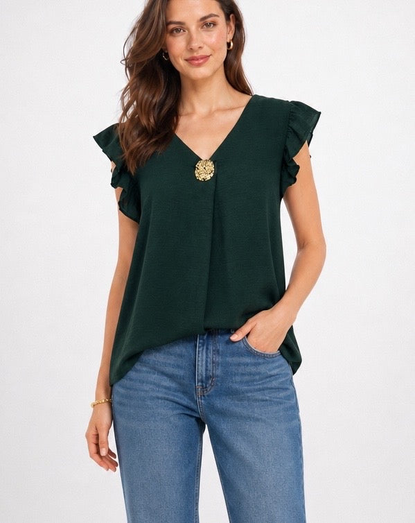 Textured V-Neck Blouse with Ruffled Sleeves