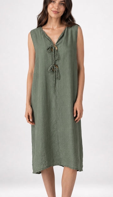 Wooden Button Tie-Front Midi Dress