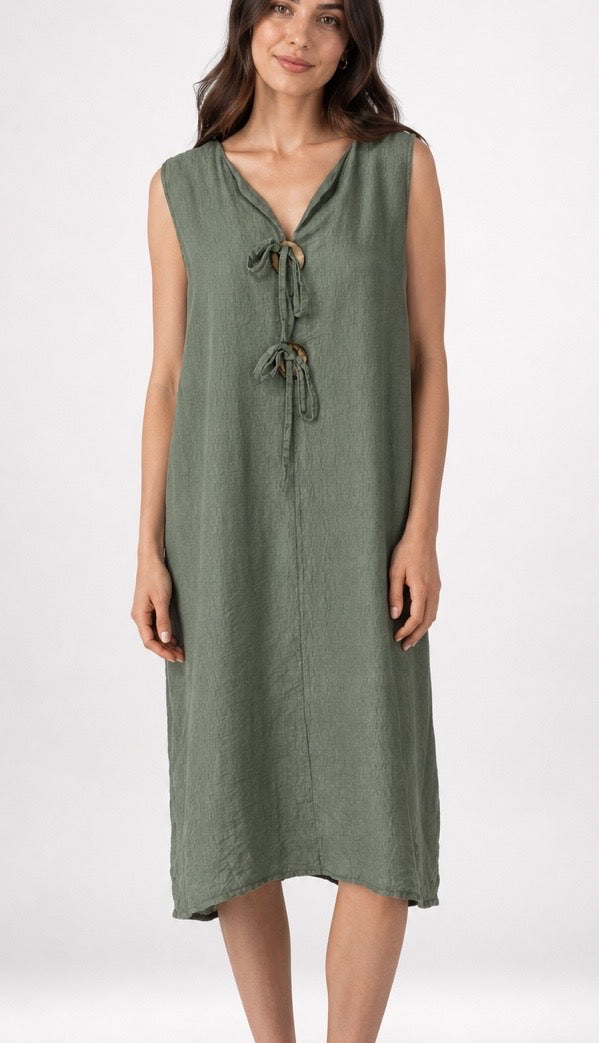 Wooden Button Tie-Front Midi Dress