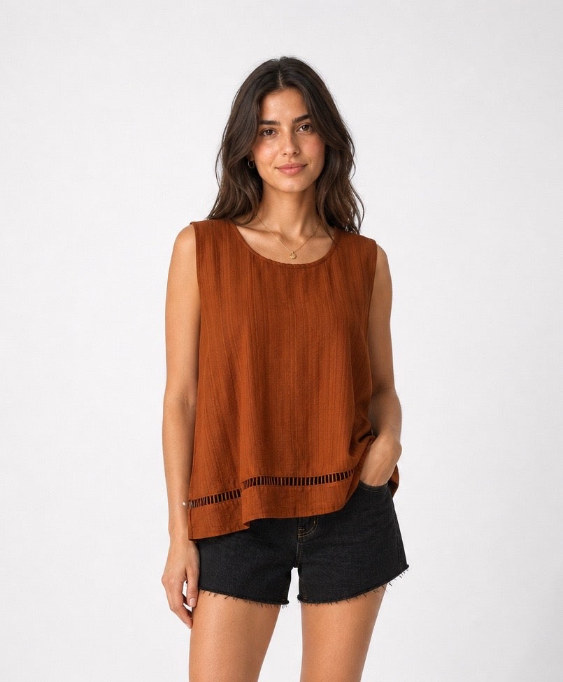 Textured Sleeveless Top with Cutout Hem