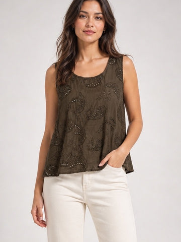 Embroidered Paisley Sleeveless Top