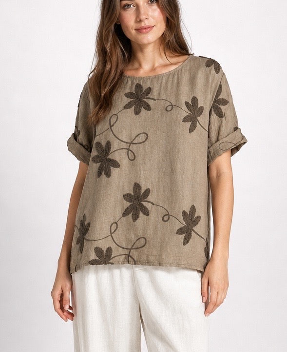 Embroidered Floral Button Back Top