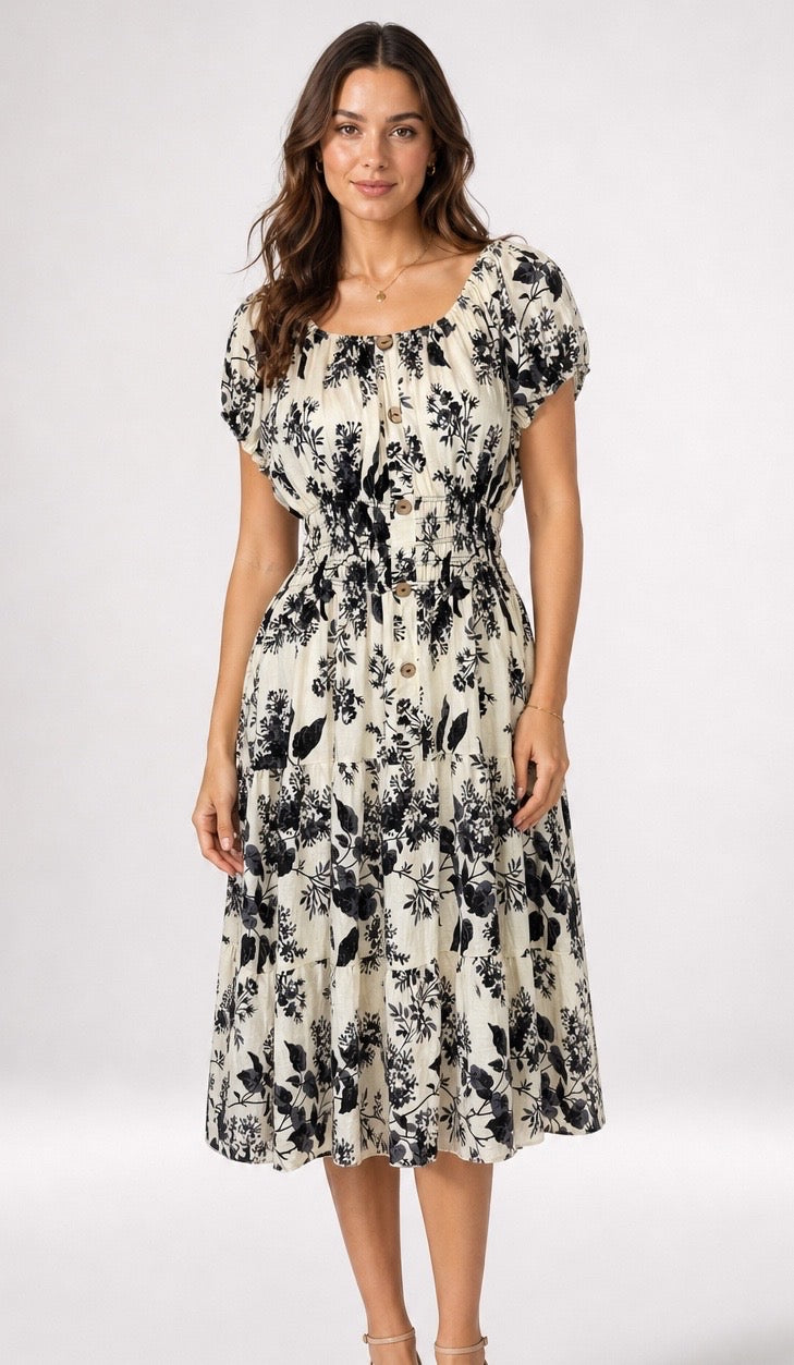 Floral Print Puff Sleeve Midi Dress