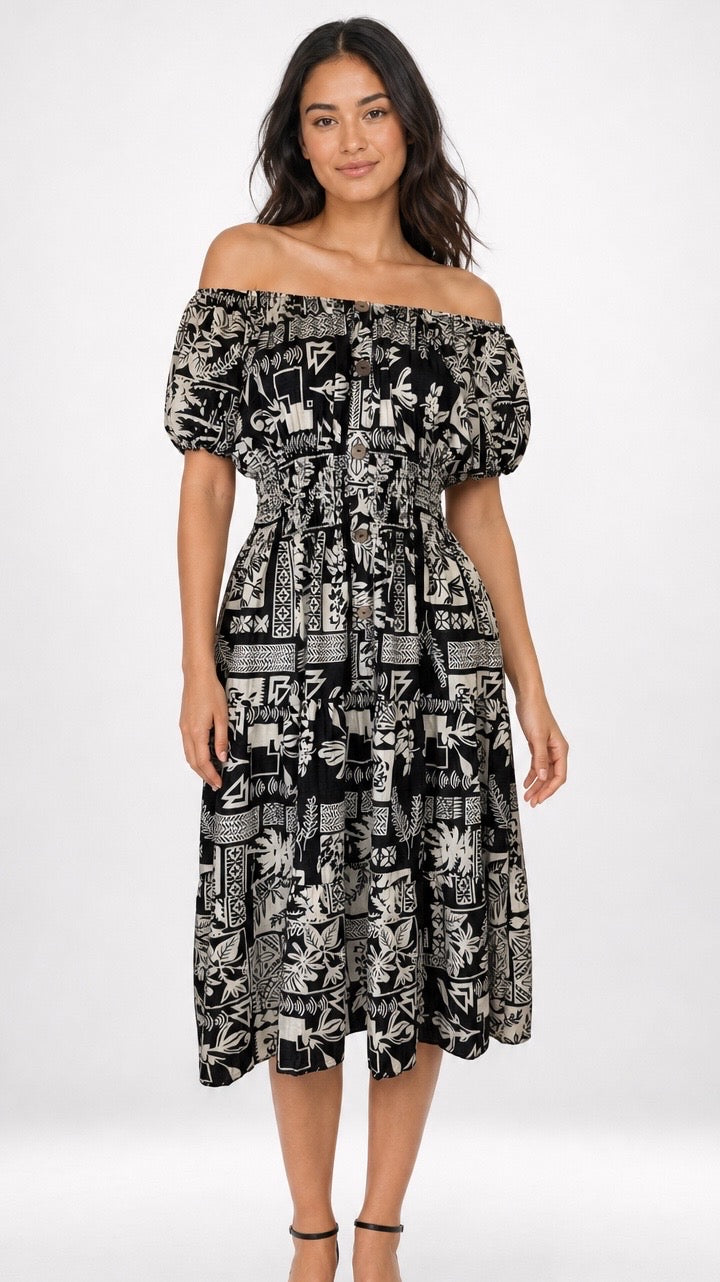Patch Print Shirred Midi Dress