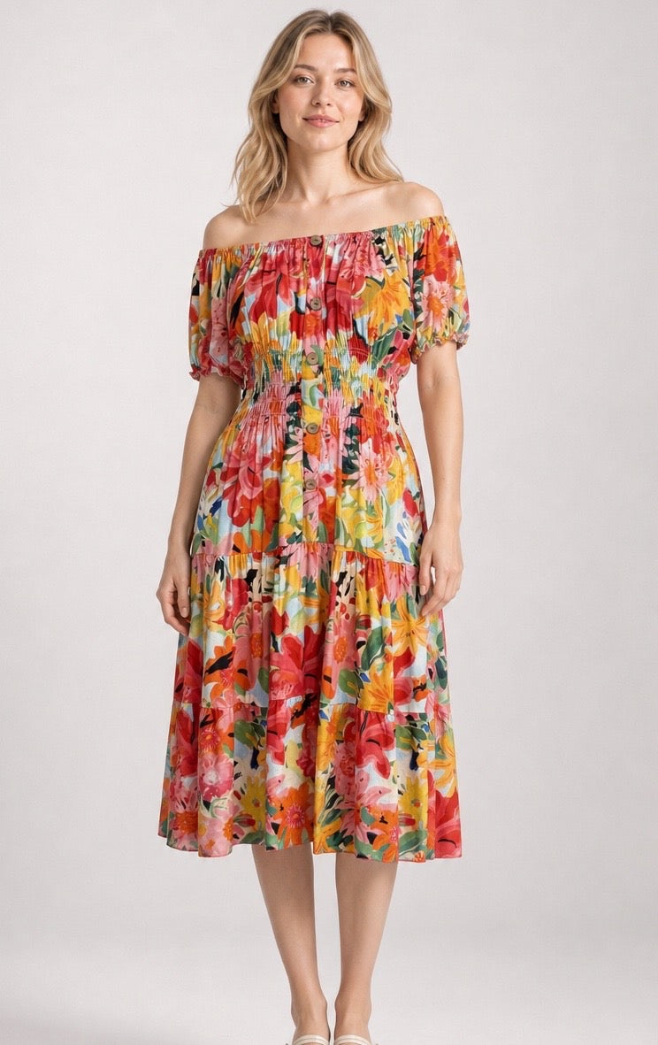 Coloured Leaf Off-Shoulder Midi Dress