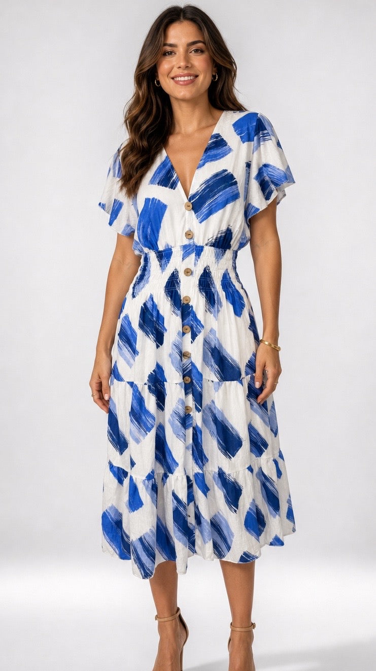 Paint Stroke Smocked Waist Midi Dress