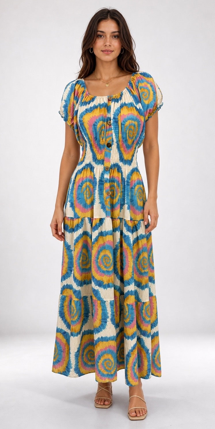 Large Swirl Shirred Bodice Tiered Maxi Dress