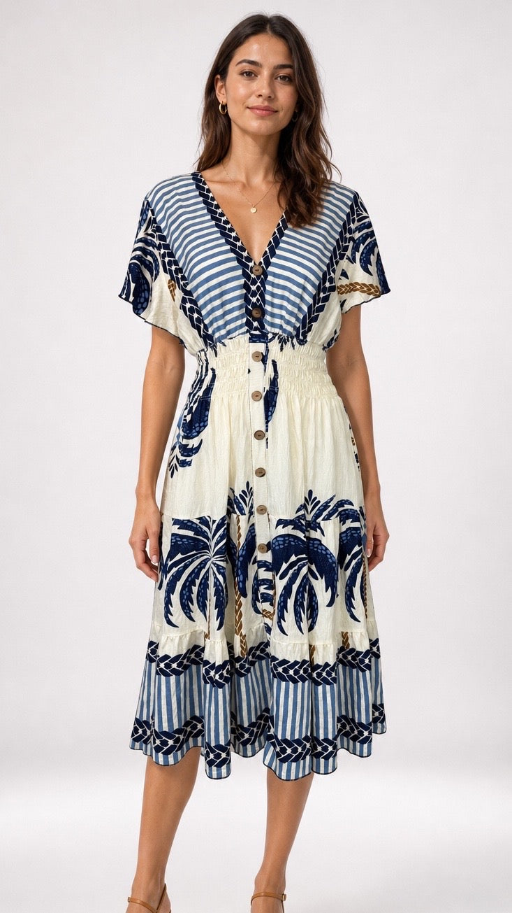 Tropical Palm Print Midi Dress